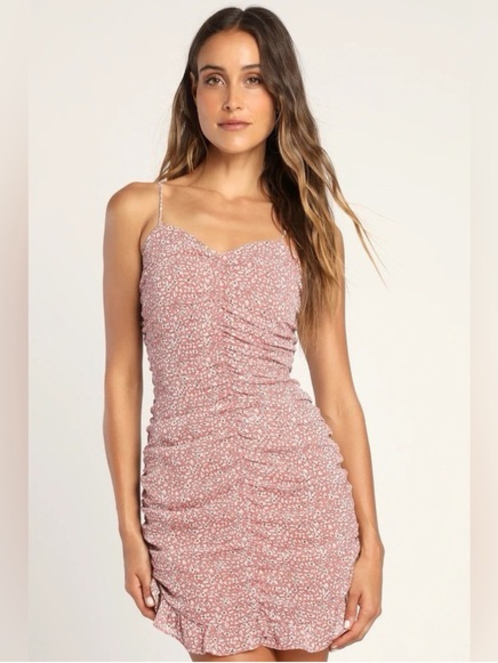 Lulu's Dusty Pink Floral Ruched Mini Dress